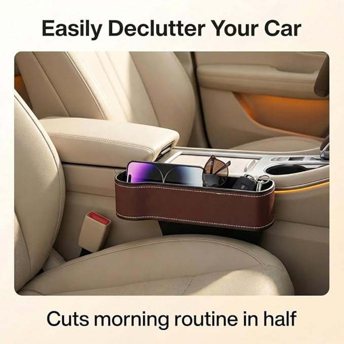 Car Seat Gap Filler Organizer, 2026 New Premium Leather Console Organizer for Holding Phone, Sunglasses, Auto Console Side Storage Box with Cup Holders 2 Seat Hooks for Drink (Black, Passenger Seat)