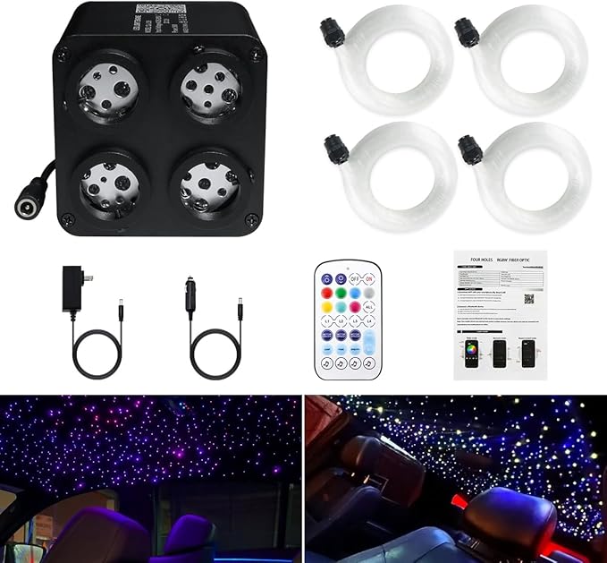 AMKI Updated 4Color Twinkle 36w Starlight Headliner Kits 400pcs 0.03in 9.8ft Fiber Optic Light Cable 4 Ports Starlight Box App/Remote Control Sound Mode for Car Home Ceiling Decoration