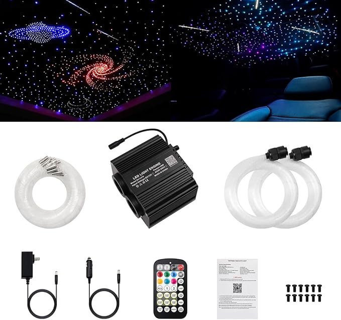AMKI Dual Color 18W Twinkle&Meteor Starlight Headliner Kit 1000pcs 0.03in 13.1ft+240pcs Pure White Shooting Star,Updated 2 in 1 Starlight Box RGBW Sound Activated Mode for Car Home Decor