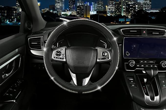 Bling Dianmond Leather Steering Wheel Cover for Women Girls with Crystal Rhinestones, Universal Fit 14.5โ-15โ in Car Steering Wheel Cover Accessories