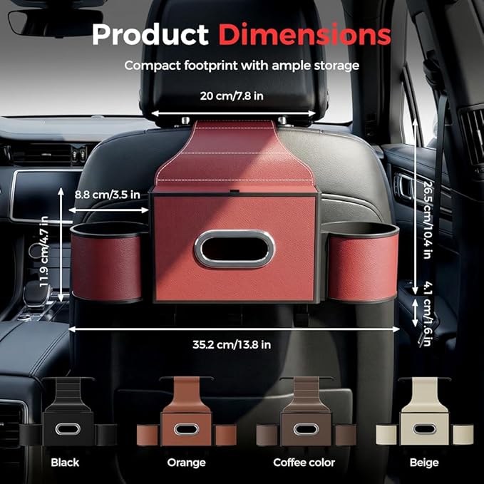 Back Seat Car Organizer,3 in 1 Car Backseat Storage Box with Cup Holder,Tissue Box,Trash Bin&Hooks,Multifunctional Waterproof Storage for Hold Phones Snacks Drinks Handbags (1, A-Red)