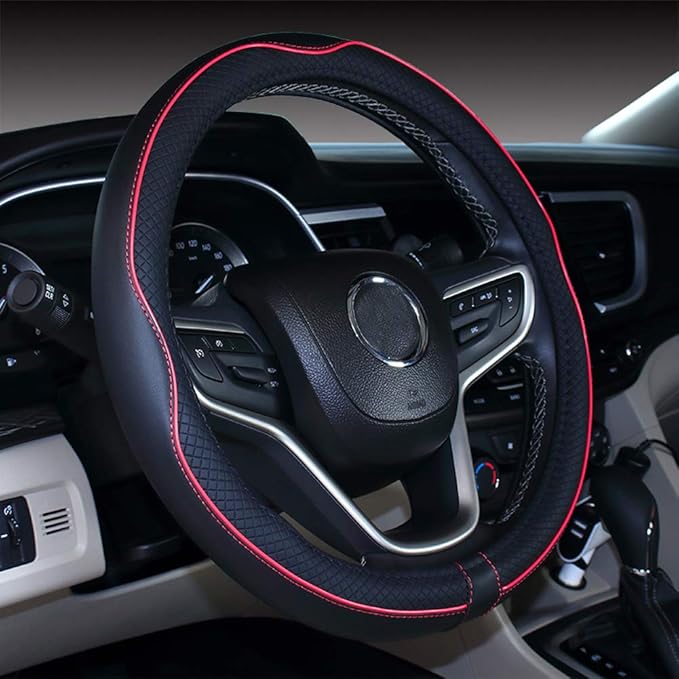 Mayco Bell Small Size Steering Wheel Cover Anti-Slip,Safety,Soft,Breathable,Durable,Full Surround,Comfortable Grip Microfiber Leather (14-14.25 inch,Black Red)