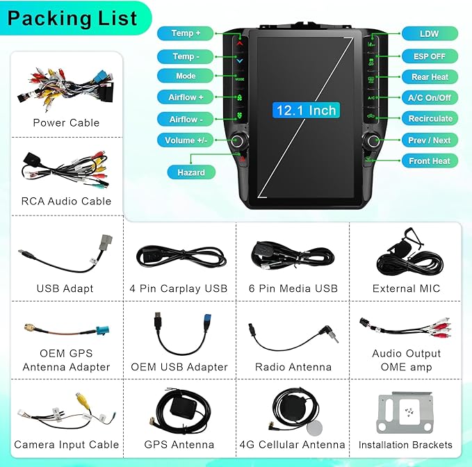 8 Cores 6+128G Radio Upgrade, 2019-2024 for Dodge Ram 1500 2500 3500 Truck Radio Upgrade,12.1 inch Vertical Touchscreen Support Wireless CarPlay Android Auto GPS Bluetooth FM SWC(Inches, 12.1)