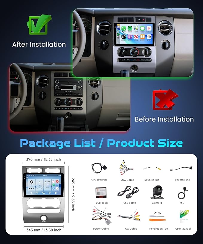 Rimoody 4G+64G Android 15 Car Stereo for Ford Expedition 2007-2014 (Manual A/C) Wireless Carplay Android Auto, 9'' in-Cell Screen Head Unit with GPS/Bluetooth 5.0/FM RDS/EQ/5G-WIFI Backup Camera SWC