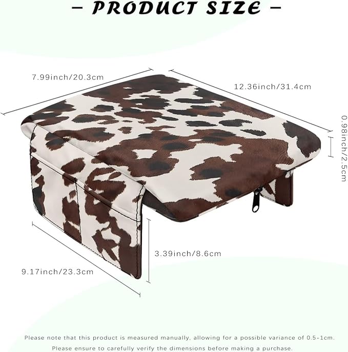 Dreaweet Brown Cow Print Center Console Cover Pad Cute Car Accessories for Women Thick Arm Rest Cover with Pockets for Car SUV Truck Soft Comfortable Car Armrest Cushion