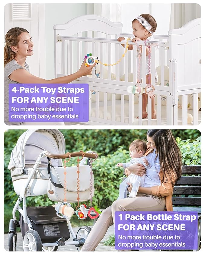 LittleHugs Toy Straps for Baby, 6pcs Adjustable Toy Holder for Stroller Accessories, Silicone Tether Pacifier Clip, No Throw Travel Essential Leash for High Chair, Car Seat