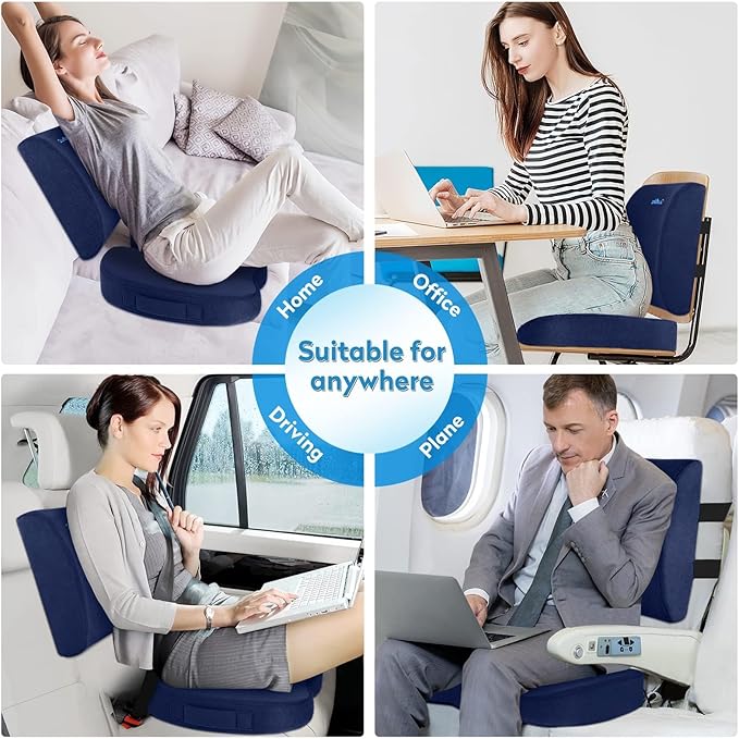 CloudBliss Lumbar Support Pillow & Seat Cushion Set for Office Chair, Desk Chair, Wheelchair & Car–Memory Foam Back Support,Ergonomic Chair Cushions, Sciatica Pain Relief,Home Essentials(Blue,XL)