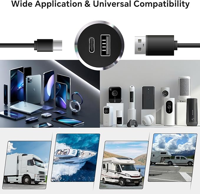 12V USB Outlet All-Aluminum QC 3.0 USB-A & USB-C PD3.0 Dual Fast Car Charger Socket, Recessed Mount Car USB Port for Car Truck Boat RV Camper Van Trailer (Small Version)