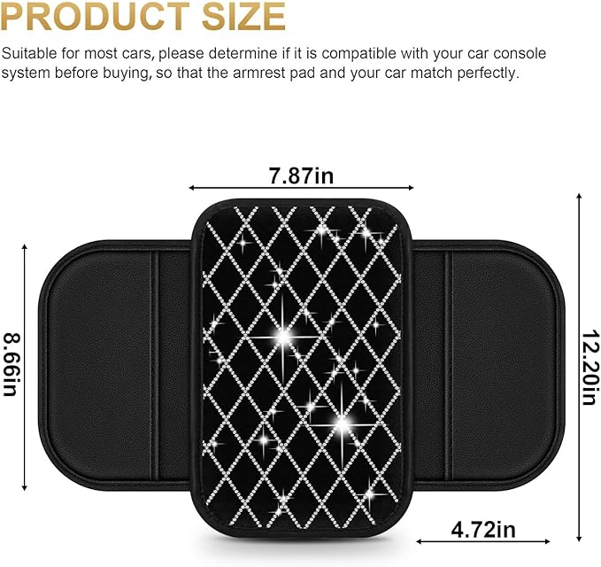 Bling Center Console Cover with 2 Side Pockets Fit for Camry Multi-Functional Car Armrest Cushion Diamond-Studded Rhombus Pattern Style(Black&Silver Diamond)