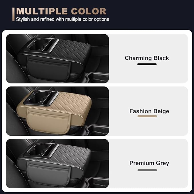 Center Console Cover Fit for Highlander Faux Leather Car Armrest Cushion with Storage Bags, Cup Holder & Phone Storage Multifunctional Middle Console Cover(Beige)
