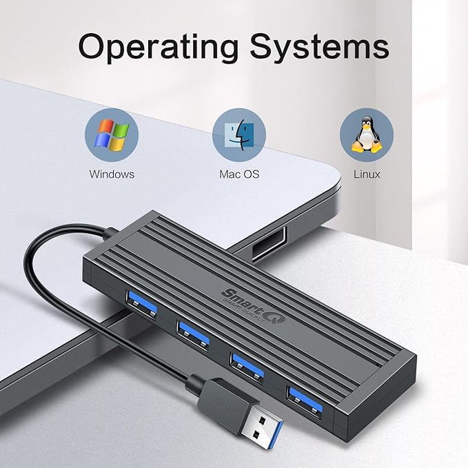 SmartQ 4-Port USB 3.0 Hub, High-Speed Data Hub, USB Port Expander for Laptop, PC, iMac, Surface Pro, XPS, Flash Drives, Mobile HDD, and More (Slim USB 3.0 Hub - 0.5 ft) (Pack of 2)