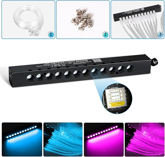Split Car Starlight Headliner Kit, 4 Colors 12W Meteor Fiber Optic Starlight Kit, 1000pcs*0.02in*9.8ft+240 RGBW Sound Activate Shooting Star Lights for Ceiling Car Roof/Home Decor