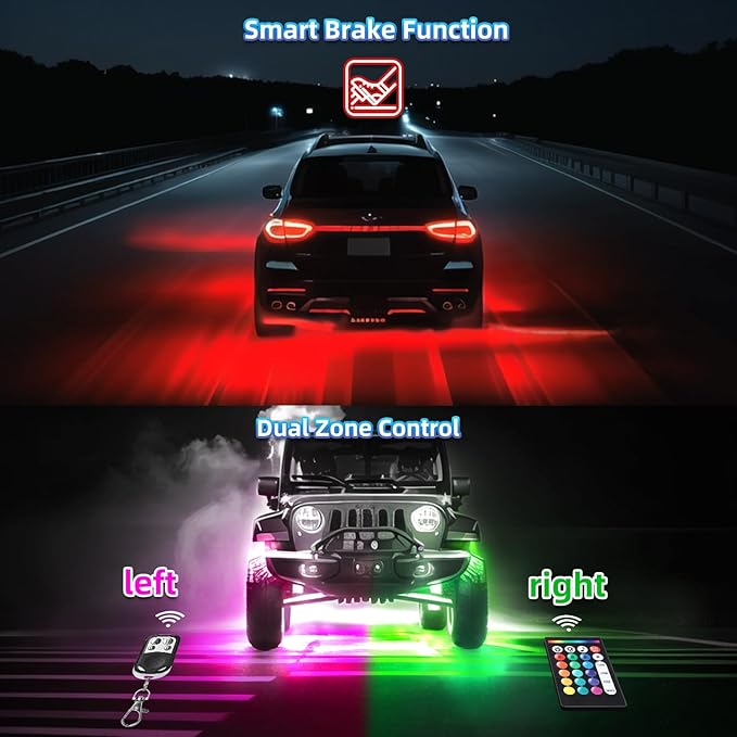 Segmented RGB LED Rock Lights Kit with APP/RF Remote Control, Multicolor 10Pods Underglow Neon Light Waterproof 12V Underbody Brake Light Fender Lights for Jeep Golf Cart Trucks Pickup ATV UTV RZR SXS