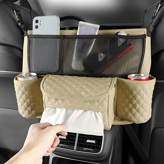 XINLIYA Car Handbag Holder Between Seats, PU Leather Multi-Pocket Large Capacity Purse Holder, Auto Net Bag Barrier of Backseat Pet Kids, Car Seat Organizers and Storage for Cargo Tissue Cup(Beige)