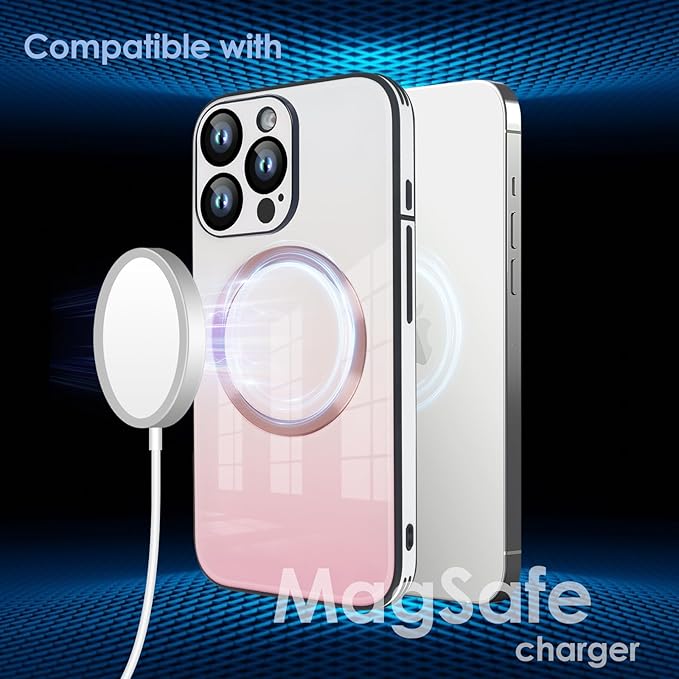 Guppy Compatible with iPhone 16 Pro Max Magnetic Case, Magnetic Gradient Case with Charging, Gradient Glass Back Cover with Lens Film-Pink
