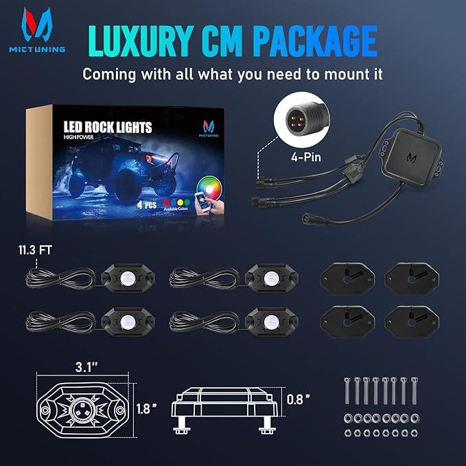 MICTUNING 2nd-Gen CM RGB Rock Lights - 4 Pods Waterproof Multicolor Neon Underglow Kit with Bluetooth App Control & Music Mode for Trucks Pickup UTV SUV ATV (2 Year Warranty)