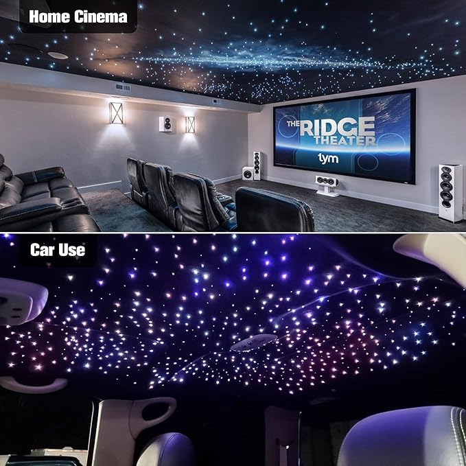CHINLY 32w Twinkle 1000pcs 0.03in 16.4ft Bluetooth RGBW LED Fiber Optic Star Ceiling Light, APP/Remote Music Mode Headliner Light Kit+Adapter+Cigarette Lighter+10 Crystals, for Headliner/Home Theater