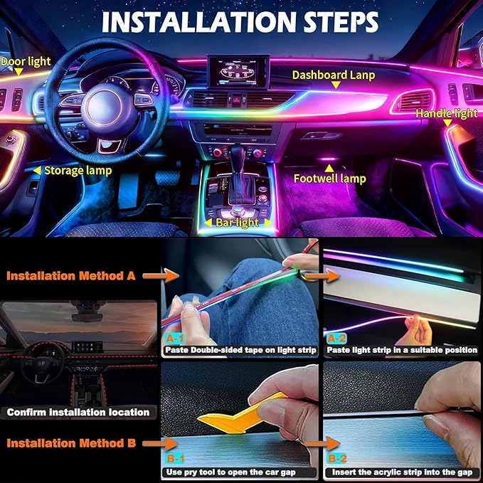 Interior Car LED Strip Lights,Acrylic LED Lights for Car with Dynamic Dreamcolor Chasing,235 inches 8 in 1 RGB Neon Strip Fiber Optic Ambient Lighting Kits with Remote APP, for Inside car Decorations