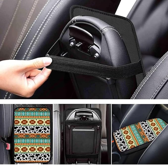Dreaweet Aztec Cow Print Car Center Console Cushion Pad,Soft Car Armrest Seat Box Cover Protector Universal Fit for Most Cars SUV Trucks