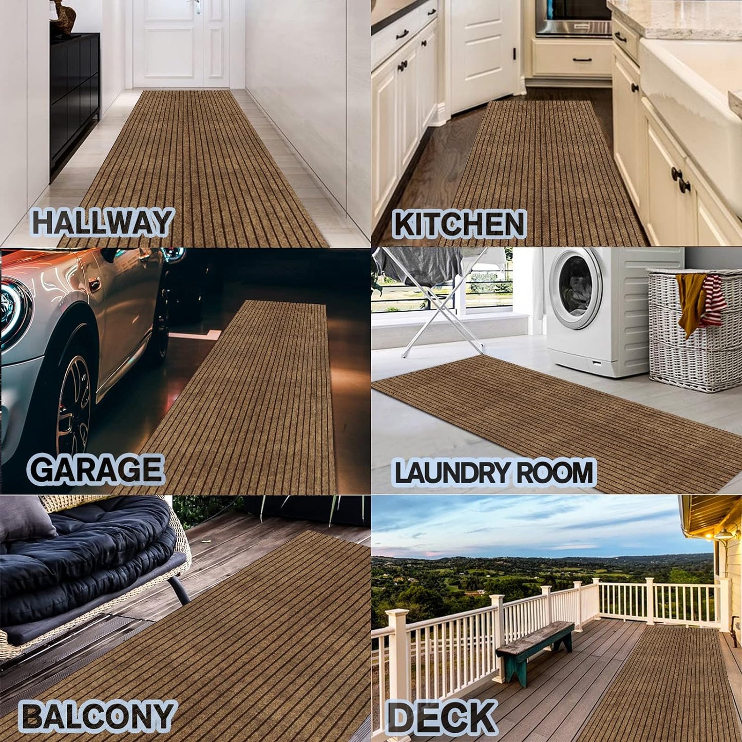 Custom Size Backed Non-Slip Area Rugs Runner, Easy Clean, Waterproof Runner Rugs for Hallway Entryway, Kitchen, Laundry, 2FT x 20FT, Brown Stripe