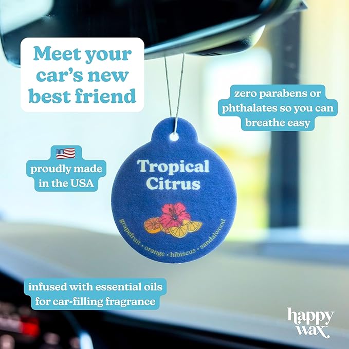 Happy Wax Summer Mix Car Charms 4-Pack Included Scents: Coastal Tide, Bronzed Coconut, Tropical Citrus, Florence