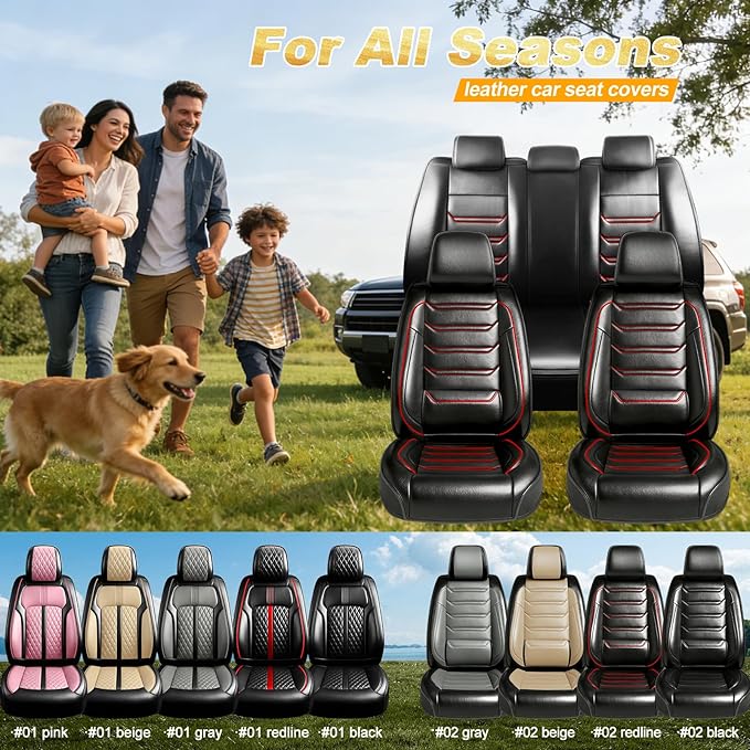 Fit Impala Car Seat Covers (Front Pair) for Select Chevrolet/Chevy Impala 2000-2020 - Premium Full Coverage Leather, Airbag Compatible, Waterproof All Weather Seat Protector, Red Trim