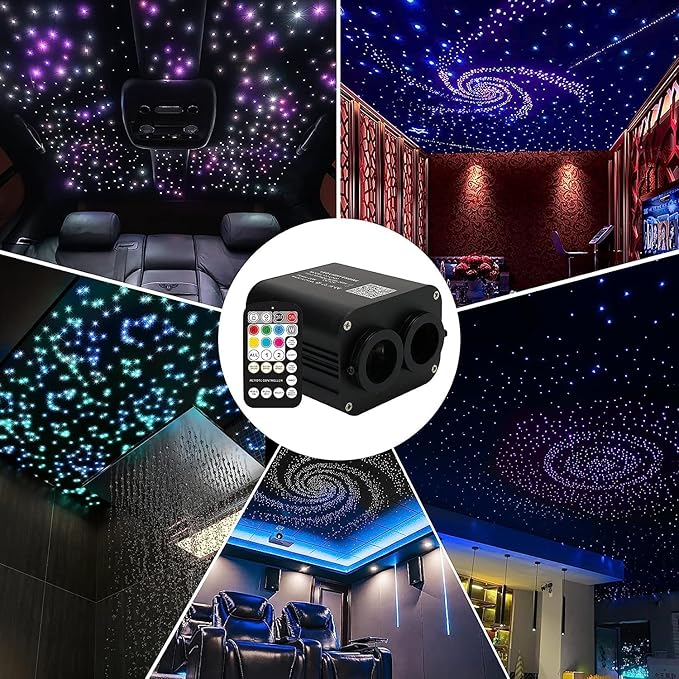 AMKI Dual Color 20W Twinkle Starlight Headliner Kit 600pcs 0.03in 9.8ft Fiber Optic Star Ceiling Light Sound Activated Music Mode APP/Remote Control Dual Port Light Box for Car Home Roof Decor