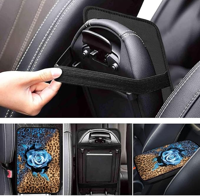 Coldinair Blue Rose Leopard Car Armrest Cover,Auto Center Console Pad,Soft Seat Cover Protector Cushion,Car Accessories Decor for Most Cars,Sedan,Truck,SUV