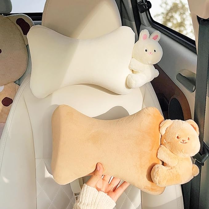 Car Headrest Pillow 2PCS Plush Bear & Bunny Car Seat Headrest Pillow - Memory Foam Neck Support Cushions for Comfortable Driving, Easy Install & Washable (Brown Bear)
