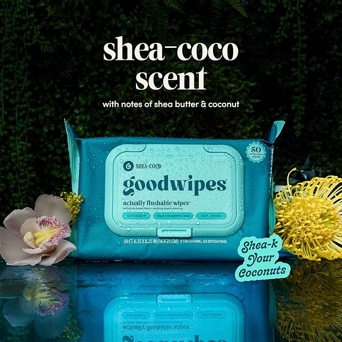 goodwipes Flushable Butt Wipes - Vitamin E & Aloe - Sewer & Septic Safe - Extra Large Adult Wet Wipes For Women & Men - Bathroom Essentials - Shea-Coco, 153 Count (3 Packs + 3 Individually Wrapped)