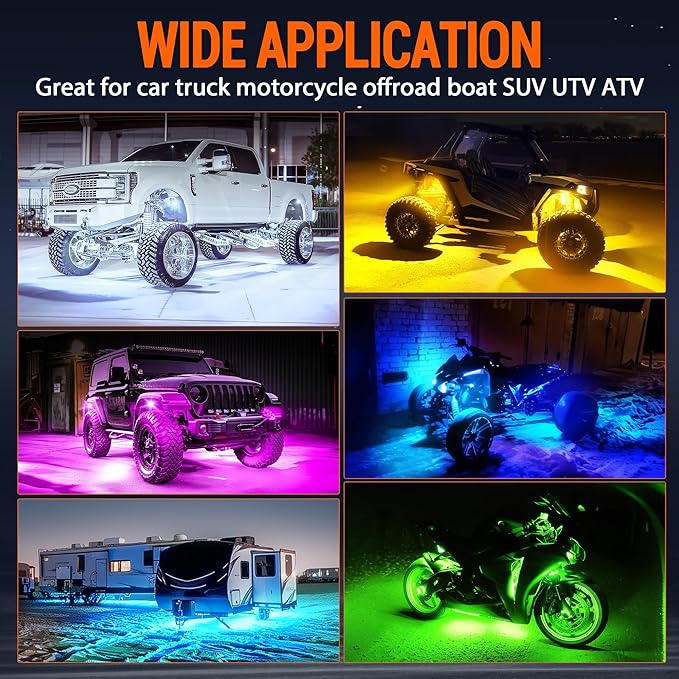 RGB Rock Lights, 16 pods Underglow Neon Lights Kits,APP/RF Remote Control & Music Mode, Waterproof Wireless Multicolor Lamps for Off Road Truck SUV ATV UTV Boat