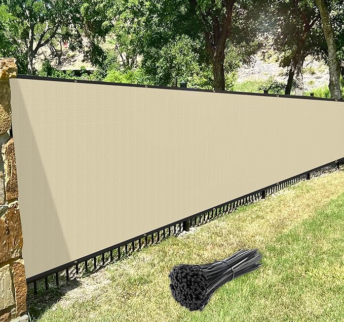 Windscreen4less Privacy Fence Screen Heavy Duty Windscreen Fencing Mesh Fabric Shade Net Cover with Brass Grommtes for Outdoor Wall Garden Yard Pool Deck, 8'x112' Beige