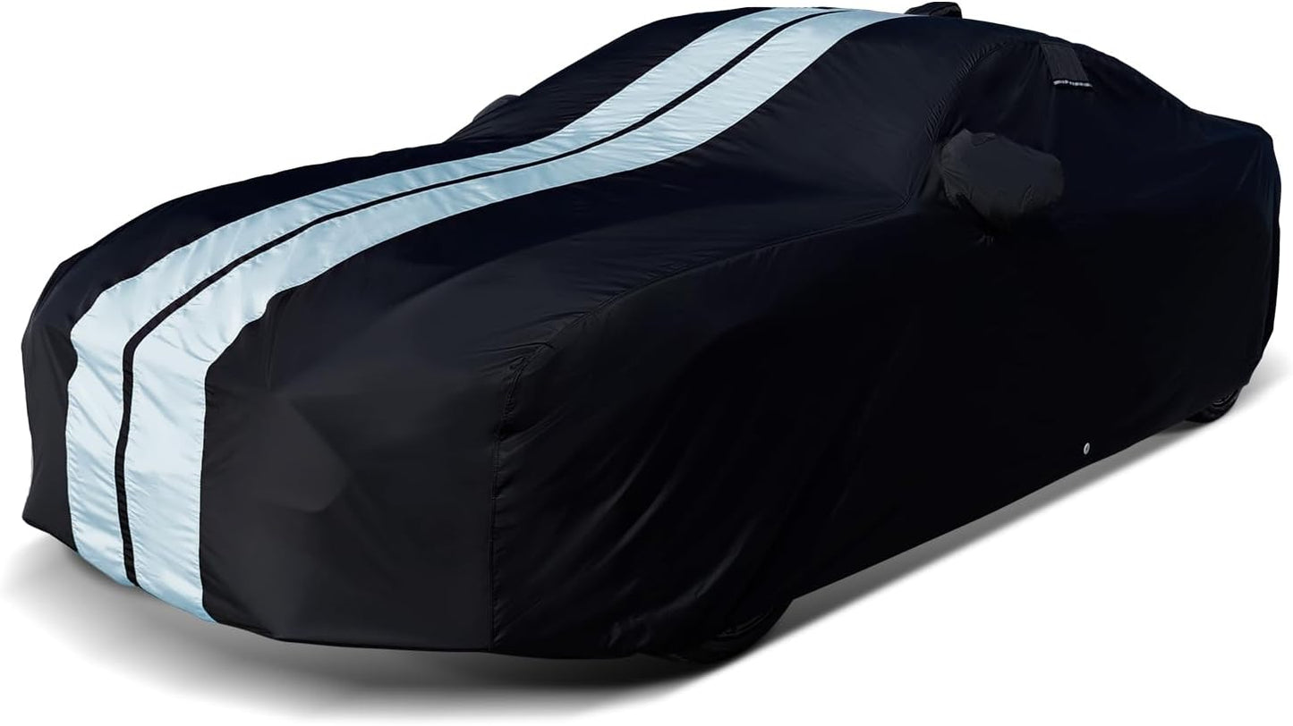 iCarCover Custom Car Cover for 2010-2024 Chevy Camaro LT, LS, RS, SS Waterproof All Weather Rain Snow UV Sun Protector Full Exterior Indoor Outdoor Car Cover (Stripe - Black/Gray)