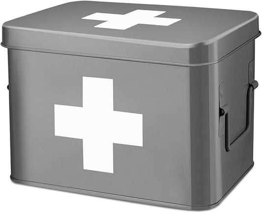 Flexzion Medicine Box, Home Pharmacy Box, 33 x 21 x 19 cm, Metal Medication Storage Box for Emergency, First Aid Cabinet, with Side Handles, Removable Tray & 5 Compartments, Grey