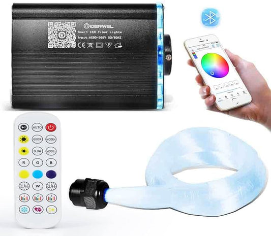 GIDERWEL Smart APP Controlled Fiber Optic Light,RGBW Starlight Headliner Kit with Remote Control,200pcs 6.5ft 0.03in Optic Fiber Cable and Music LED Light Engine for Car,Home Theater Ceiling