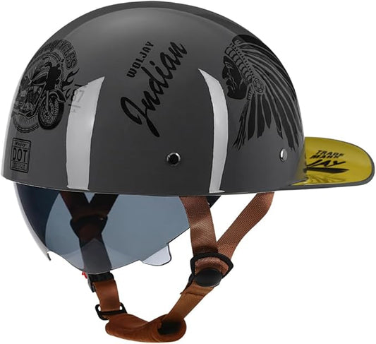 Vintage Retro Open Face Motorcycle Helmet Baseball Cap Half Helmets with pull-down Lens for Men Women Moped Cap Jet Scooter Street Cruiser - DOT Certified (Indian-Gray,Medium)