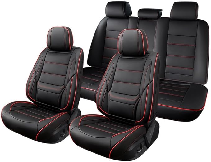 Car Seat Covers Full Set Custom Fit for Ford Edge 2007-2025 2026-Luxury Leather with Lumbar Support, Breathable, Waterproof, Anti-Slip, Durable, Easy to Install (Black&Red,Full Set)