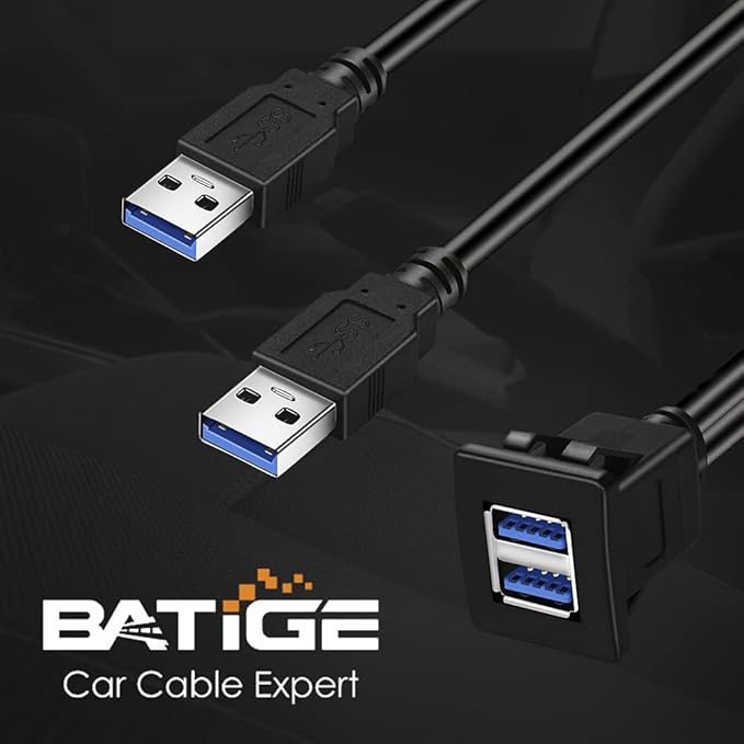 BATIGE Dual Ports Square USB 3.0 Panel Flush Mount Extension Cable with Buckle for Car Truck Boat Motorcycle Dashboard 6ft