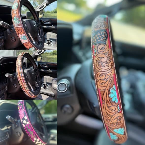 Western Steering Wheel Cover, Color Printed Embossed Hand-Painted Leather Western car Parts, for Women Man, Anti-Slip Design Easy to Install, for Trucks SUVs Cars (Style 2)