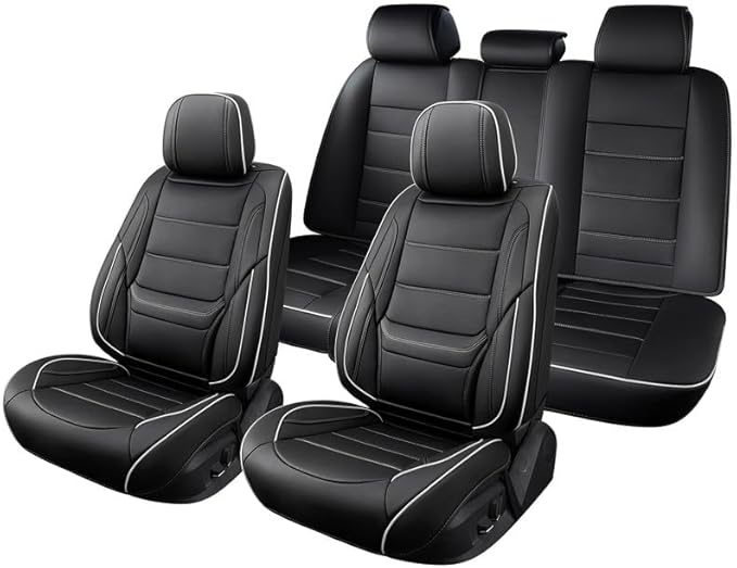 Car Seat Covers Full Set Custom Fit for Mercury Mariner 2005-2011-Luxury Leather with Lumbar Support, Breathable, Waterproof, Anti-Slip, Durable, Easy to Install (Black&White,Full Set)