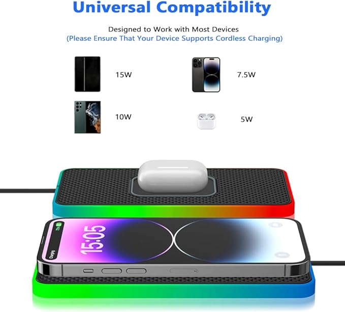Cordless Car Charging Pad for GMC Sierra HD 2013 2014 2015 2016 2017, 5W/7.5W/10W/15W/20W Charging, Trim-to-Fit Non-Slip Phone Charging Mat with 8 Ambient Light Modes, 100cm Cable,B Type-C