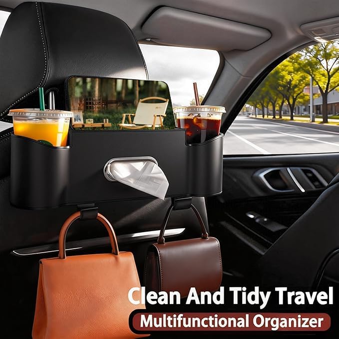 2Pack Car Backseat Organizer for Kids & Travelers - 4 in 1 Multifunctional Car Seat Back Storage with Cup Holder, Tissue Box, Snack/Handbag Holder - Nappa Leather Universal Fit for SUV/Van(Black)