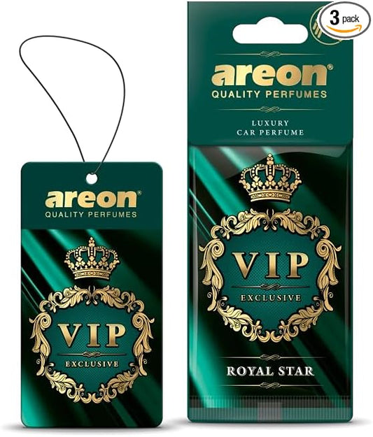AREON VIP - Hanging Cardboard Air Freshener for Car - Premium Cologne CAR Perfume Air Freshener with Natural Fragrances - Long Lasting, Fresh, Luxurious Scent - Stylish Design -Royal Star, Pack of 3