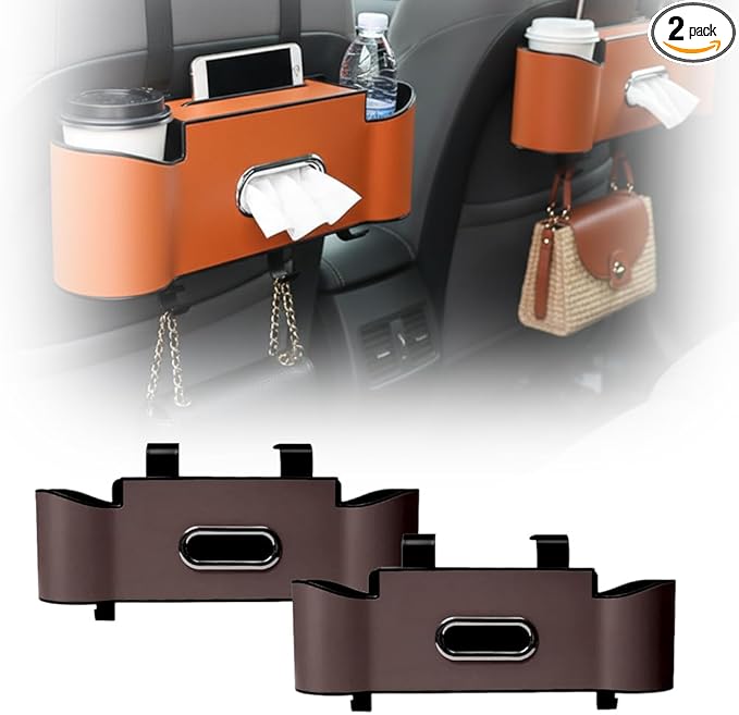 3-in-1 Car Backseat Organizer, 2026 New Multifunctional Back Seat Car Organizer with Cup Holder, Tissue Box, Trash Bin & Hooks for Hold Phones, Snacks, Drinks, Handbags (2, Brown)