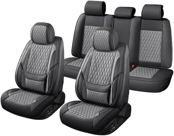 Car Seat Covers Full Set Custom Fit for Pontiac Vibe 2003-2010 - Premium Faux Leather with Lumbar Support | Breathable, Waterproof, Anti-Slip, Durable (Black&Gray,Full Set)