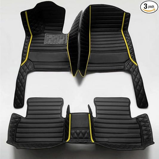 KaiLaiCarCustom Automotive Car Floor Mats for 99.99% Sedan SUV Sports Car Men Women Protection Full Coverage Pads Anti-Slip Leather Floor Lining (Black + Yellow bar, E- Diamond + Strip +Color Bars)