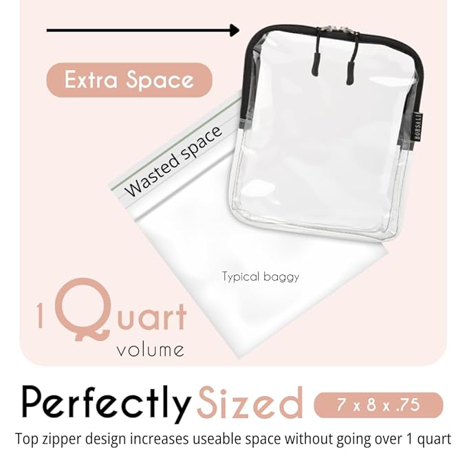 BORSALI TSA Approved Toiletry Bag - Clear Quart Size for 3-1-1 LIquids for Carry On Travel - Toiletries Organizer - Cosmetic Pouch with Zipper - Travel Accessories - Rose