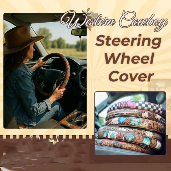 Western Steering Wheel Cover, Color Printed Embossed Hand-Painted Leather Western car Parts, for Women Man, Anti-Slip Design Easy to Install, for Trucks SUVs Cars (Style 3)