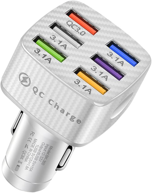 Augeny Car Charger Adapter, 6 USB Multi Port Fast Charger, Include QC 3.0 and 5 Other Ports, Auto Quick Charging Adapter for Most Cell Phones, Interior Car Accessories for SUV Truck (White)