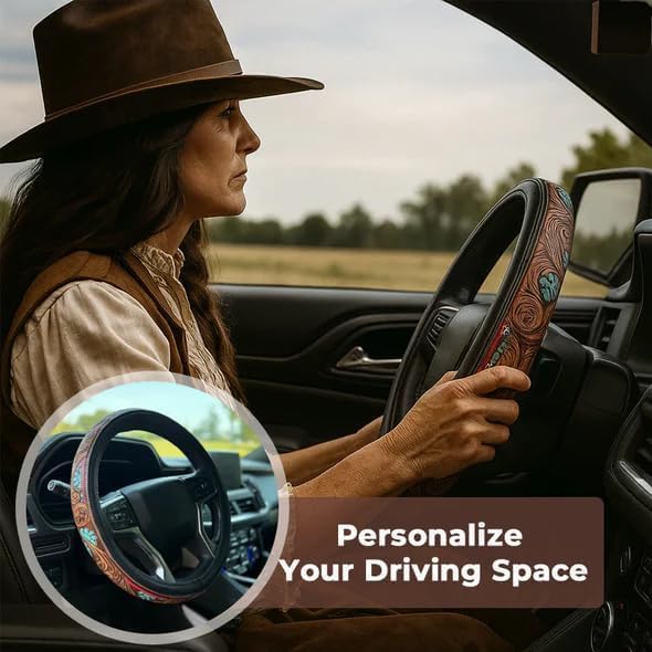 Western Steering Wheel Cover, Color Printed Embossed Hand-Painted Leather Western car Parts, for Women Man, Anti-Slip Design Easy to Install, for Trucks SUVs Cars (Style 3)